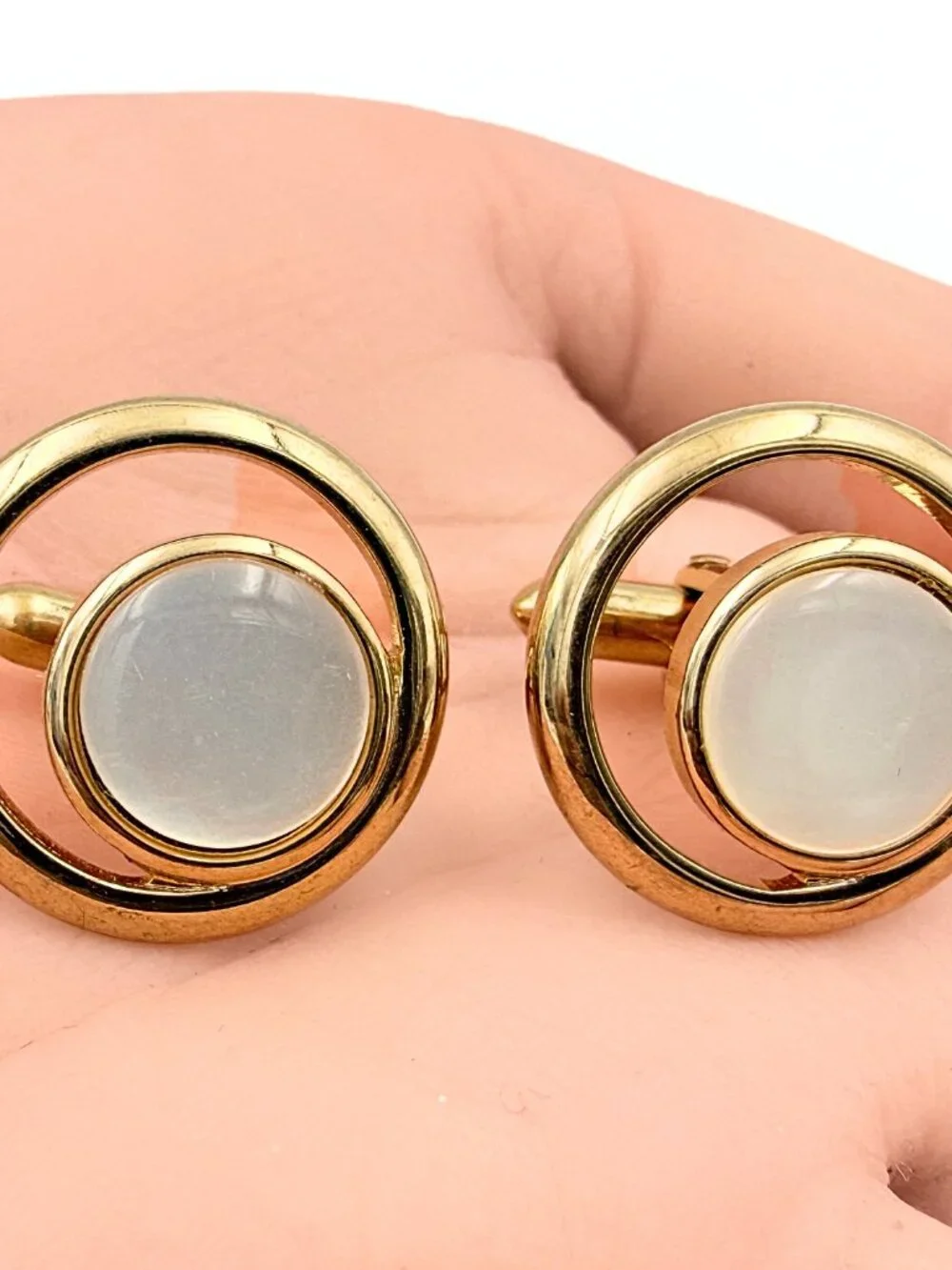 Swank Signed MCM Round Gold Plated Asymmetrical Orbit Thermoset Cufflinks